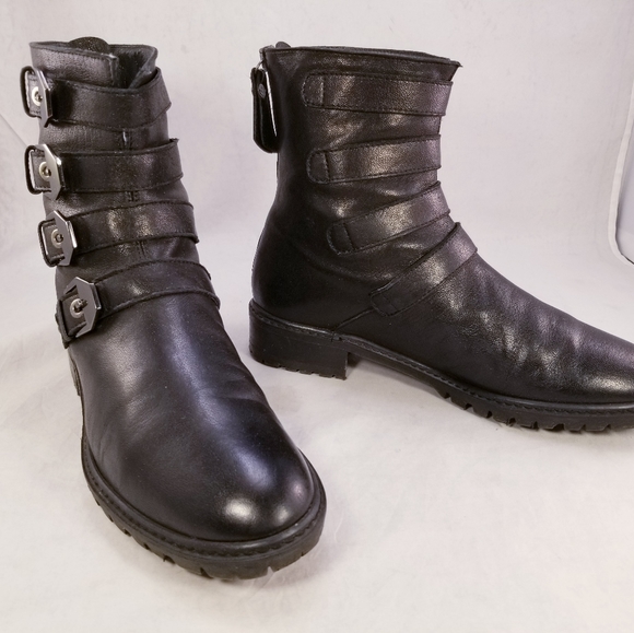 STUART WEITZMAN 4 BUCKLES STRAP BACK ZIPPER BLACK LEATHER WOMEN BOOTS SIZE 6.5 M - Picture 5 of 11